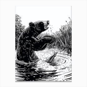 Malayan Sun Bear Catching Fish Ink Illustration 4 Canvas Print