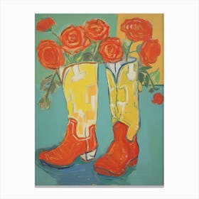 Painting Of Roses Flowers And Cowboy Boots, Oil Style 6 Canvas Print