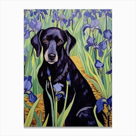 Van Gogh Irises With Black Dog Portrait Canvas Print