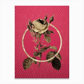 Gold Double Moss Rose Glitter Ring Botanical Art on Viva Magenta Canvas Print