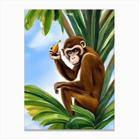 Monkey Holding A Banana In A Palm Tree Painting Canvas Print
