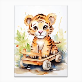 Baby Tiger On A Toy Car, Watercolour Nursery 1 Canvas Print