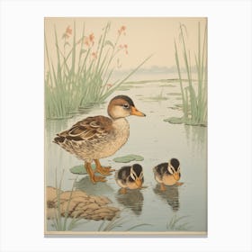 Japanese Woodblock Style Ducklings Canvas Print