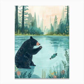 American Black Bear Catching Fish In A Tranquil Lake Storybook Illustration 3 Canvas Print