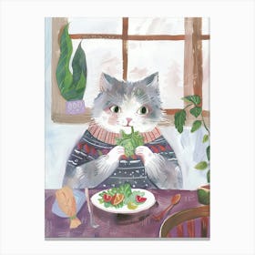 Cute Grey Cat Eating Salad Folk Illustration 1 Canvas Print