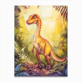 Watercolour Troodon Dinosaur In The Plants 4 Canvas Print