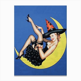 Pinup Girl Posing On S Yellow Moon Canvas Print