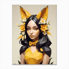 Low Poly Floral Fox Girl, Black And Yellow (14) Canvas Print