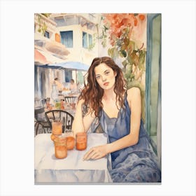 At A Cafe In Athens Greece Watercolour Canvas Print