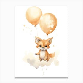 Baby Fox Flying With Ballons, Watercolour Nursery Art 3 Canvas Print