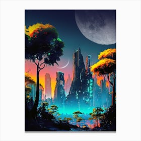 Neon cyberpunk city in a forest with Moons — surreal space collage art, cosmic futuristic sci-fi collage Canvas Print