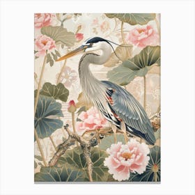 Heron On Lotus Canvas Print