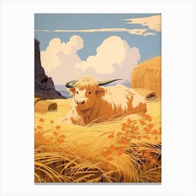 Blonde Highland Cow Lying In The Straw Canvas Print