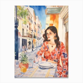 At A Cafe In Alicante Spain Watercolour Canvas Print