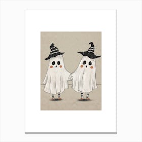Cute Ghosts ~ Cutie Halloween Best Friends BFF Bestie Artwork - Drawing of 2 vintage ghost Friends Holding Hands With Witchy Hats on Out Trick Or Treating, Spooky Little Ghosties, Witches Artwork, Gothic, Spooky Cute Canvas Print