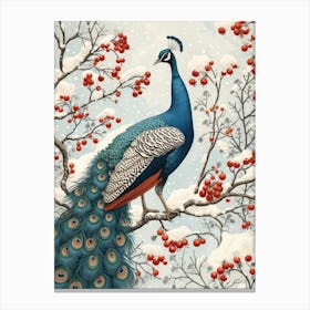 Peacock Snow Scene Vintage 3 Canvas Print