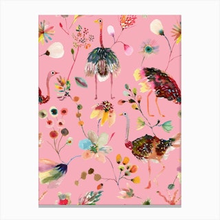 Ostriches And Floral Pink Canvas Print