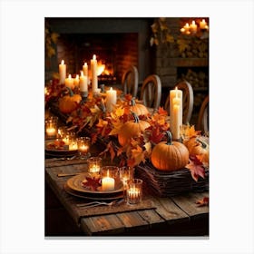 Autumn Table Decoration Cascading Leaves Of Warm Hues Rest Atop Smooth Pumpkins With Textured Exter (1) Canvas Print