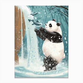 Giant Panda Catching Fish In A Waterfall Storybook Illustration 1 Canvas Print