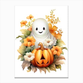 Cute Ghost With Pumpkins Halloween Watercolour 60 Canvas Print