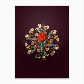 Vintage Gesner's Tulip Branch Floral Wreath on Wine Red Canvas Print