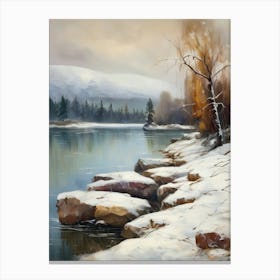 Ancient landscapes, old winter oil paintings and rocks around the lake bank. Snow is falling on the lake, old colors.11 Canvas Print