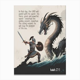 Bible Verse, Isaiah 27:1, “In that day, the LORD will punish with his sword— his fierce, great and powerful sword— Leviathan the gliding serpent, Leviathan the coiling serpent; he will slay the monster of the sea.”, Dragon in the raging sea, Hero, God, Dragon, Snake, Satan, Christian Art Canvas Print