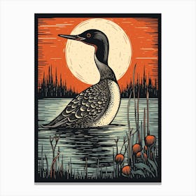 Vintage Bird Linocut Common Loon 4 Canvas Print