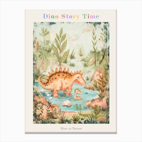 Cute Dinosaur Parent & Baby Dinosaur Bathing In The Lake Storybook Painting Poster Canvas Print