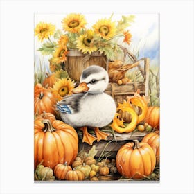 Autumnal Pumpkin Duckling Painting 1 Canvas Print