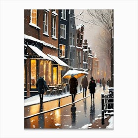 Amsterdam cafes, winter season, Christmas, autumn oil colors, pale colors, pedestrians in the street, winter clothes, falling snow.7 Canvas Print