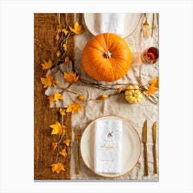 Autumn Themed Dinner Table Centerpiece Of Intertwined Golden Orange Pumpkin Vines Scattered Leaves Canvas Print