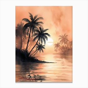 Watercolor Sunset With Palm Trees Canvas Print