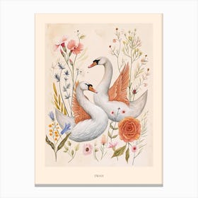 Folksy Floral Animal Drawing Swan 2 Poster Canvas Print