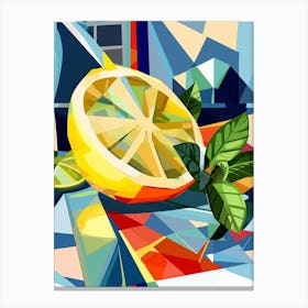 Abstract Lemon Slice And Mint Leaves On Blue Red Background Canvas Print