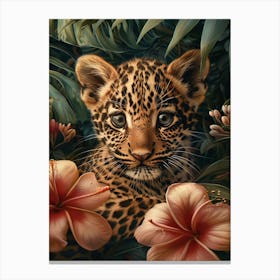 A Happy Front faced Leopard Cub In Tropical Flowers 11 Canvas Print