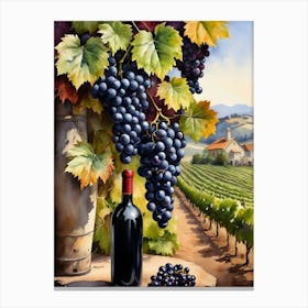Vines,Black Grapes And Wine Bottles Painting (3) Canvas Print