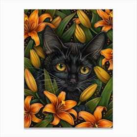 Black Cat In Lilies 3 Canvas Print