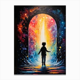 Silhouette Of A Whimsical Child Figure Stepping Through A Polychrome Portal In A Fantastical Setting Canvas Print