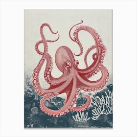 Red & Navy Blue Octopus In The Ocean Linocut Inspired 2 Canvas Print