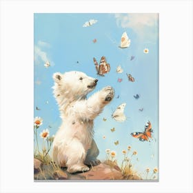 Polar Bear Cub Playing With Butterflies Storybook Illustration 4 Canvas Print