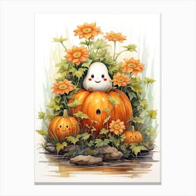 Cute Bedsheet Ghost, Botanical Halloween Watercolour 24 Canvas Print