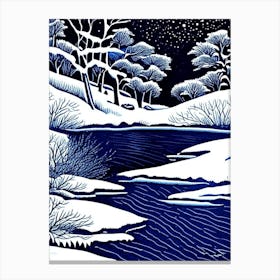 Snow Melting Into Water Waterscape Linocut 1 Canvas Print