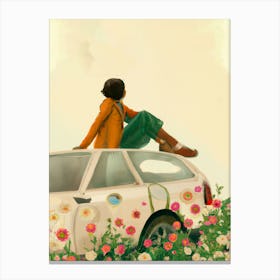 Thoughtful Woman Sitting On Car Roof By Flowers Autumn Colours Canvas Print