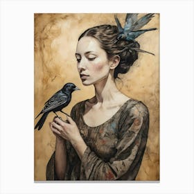 Woman Portrait With A Bird Painting (27) Canvas Print