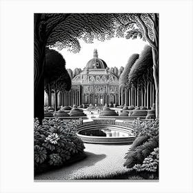 Park Of The Palace Of Versailles, 1, France Linocut Black And White Vintage Canvas Print