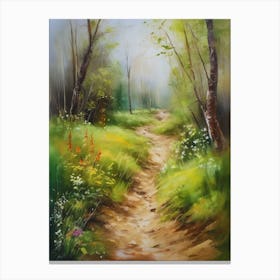 Path In The Woods.Canada's forests. Dirt path. Spring flowers. Forest trees. Artwork. Oil on canvas.6 Canvas Print