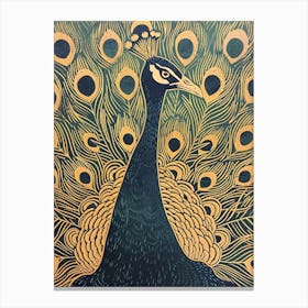 Blue Mustard Linocut Inspired Peacock Feather 2 Canvas Print