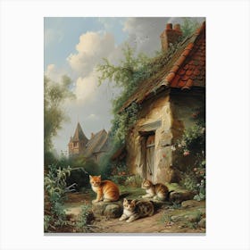 Cats In Front Of A Medieval Cottage Rococo Painting Inspired 1 Canvas Print