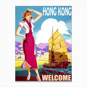 Hong Kong, Woman On The Coast Is Watching at the Oriental Sailing Boat Canvas Print